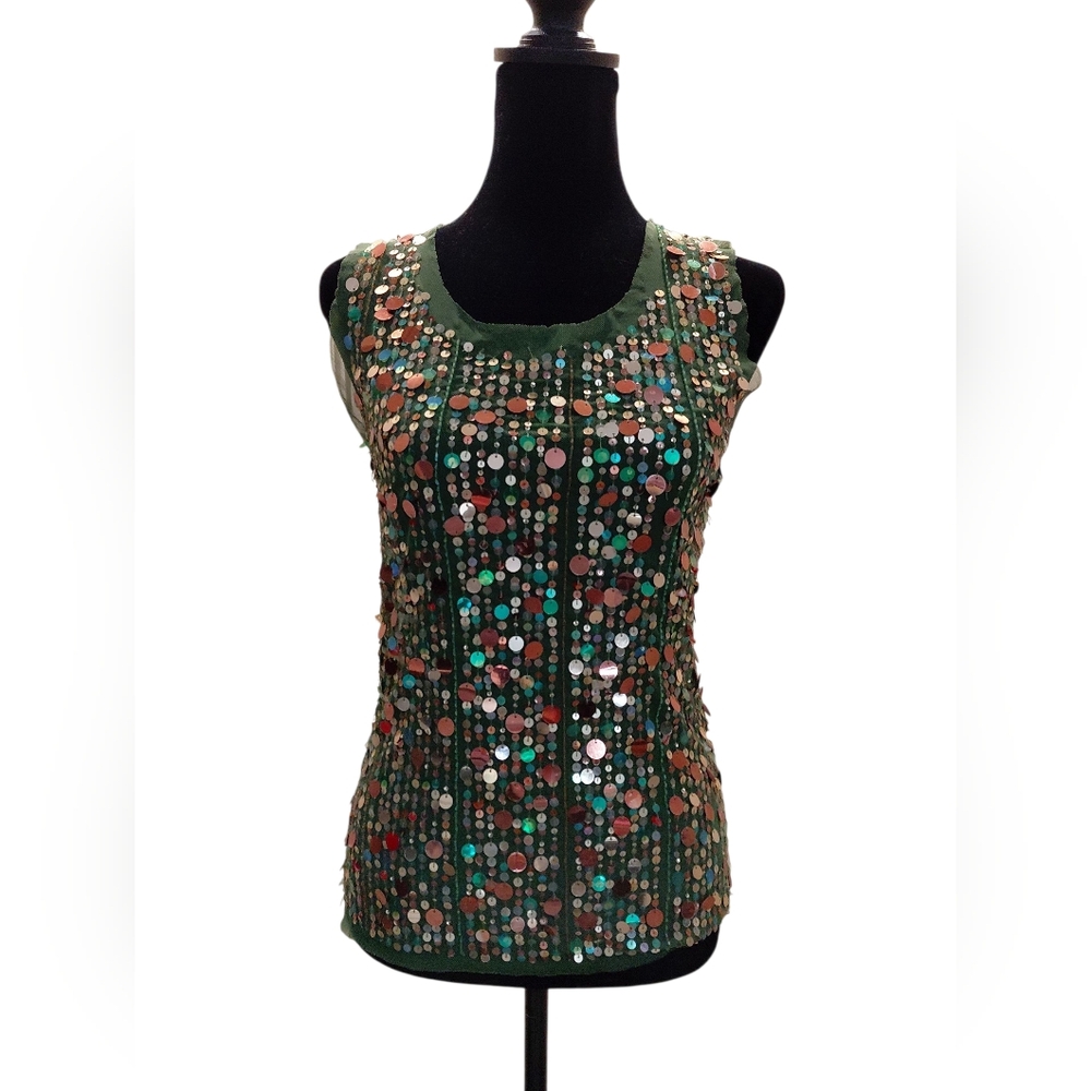 "Havenbleu" Sz S Green and Black Sheer Sequin Fitted Sleeveless Tank Top .....